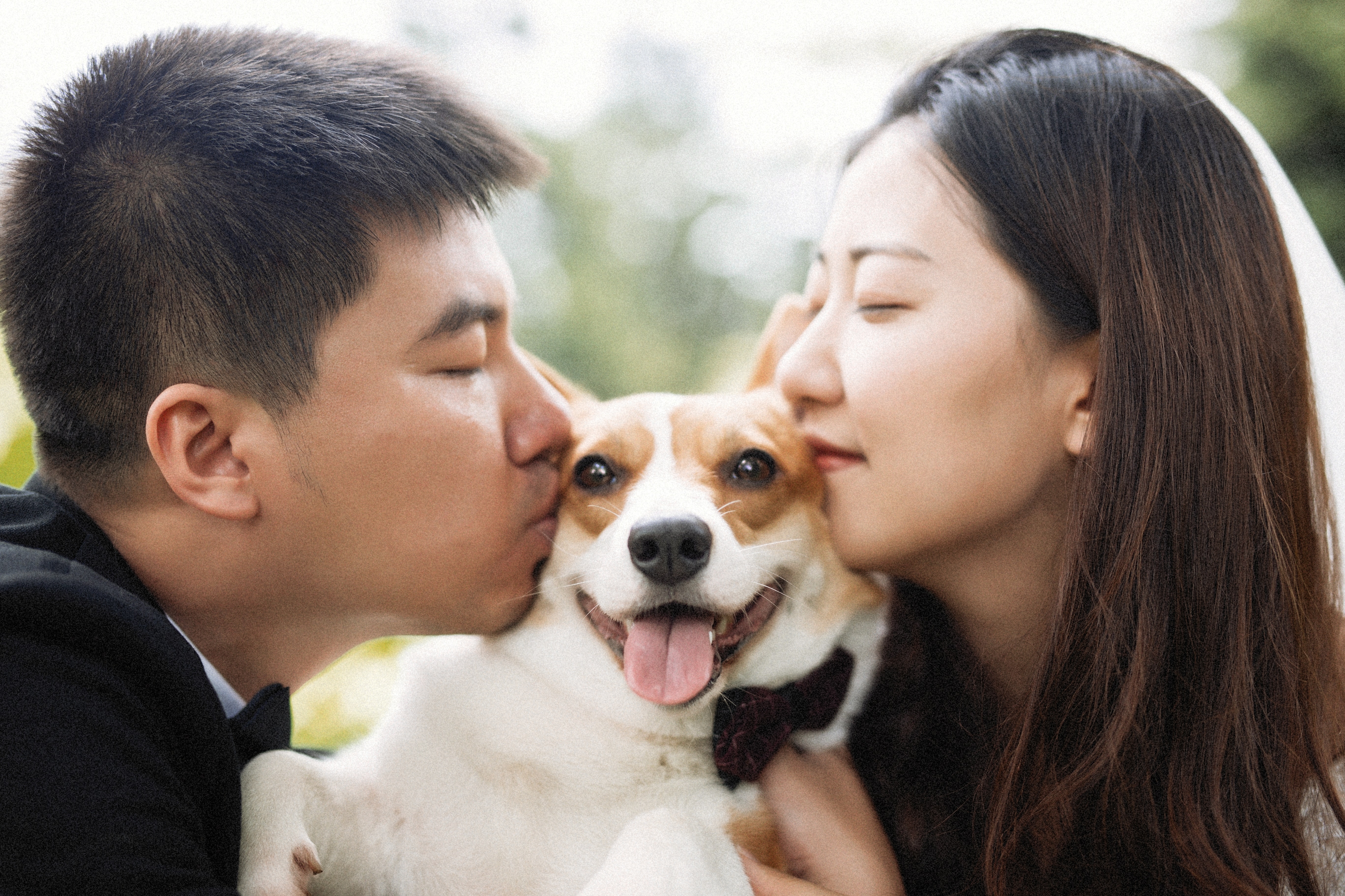 Pareja besando a su mascota